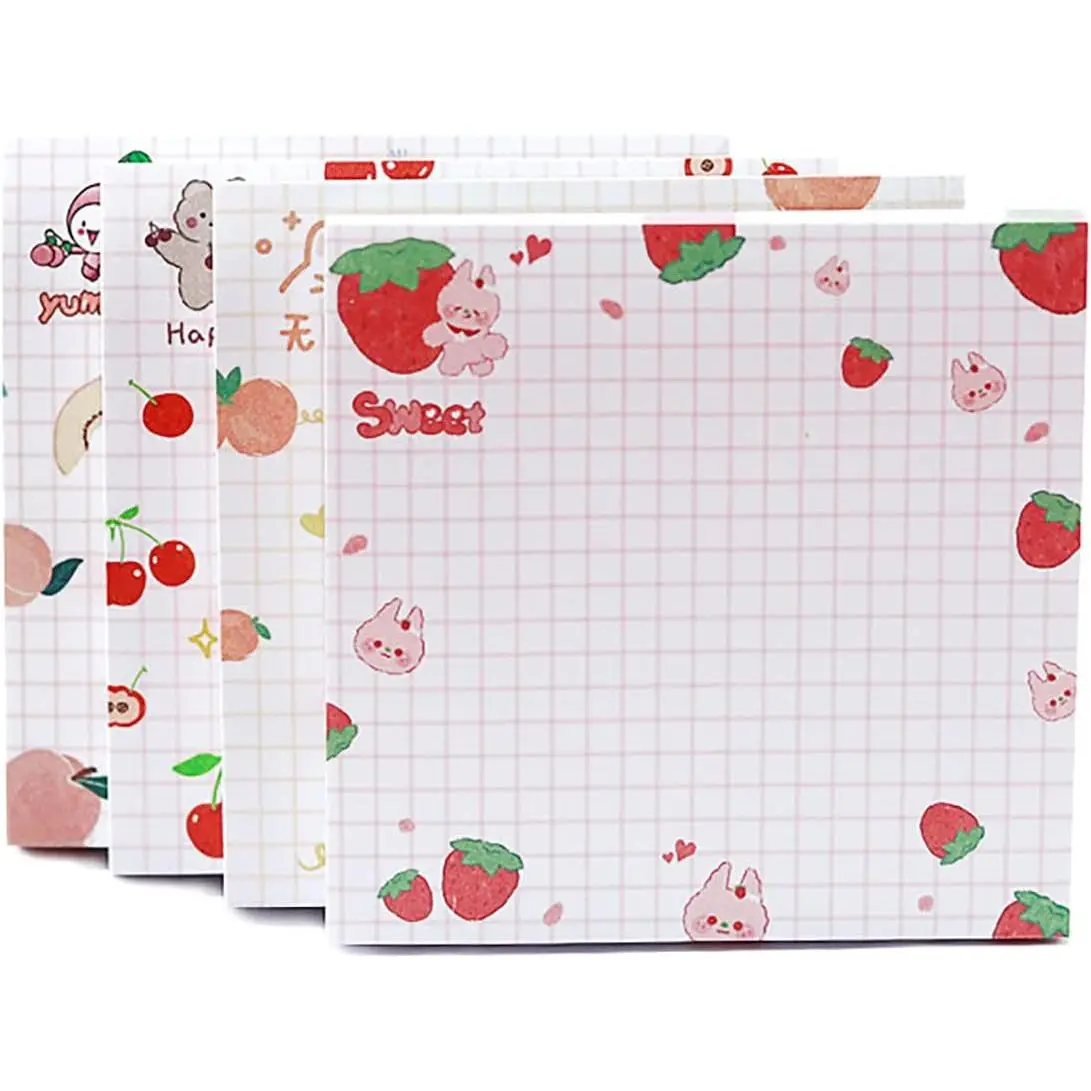 4 Pack Cute Sticky Notes Kawaii Sticky Notes Memo Pad 3.1x3.1 Inches Self-Stick Note Pads Colorful Fruit Sticky Note Pads for Girls DIY Office  School (320 Sheets), 4 Pads 80 Sheets/Pad