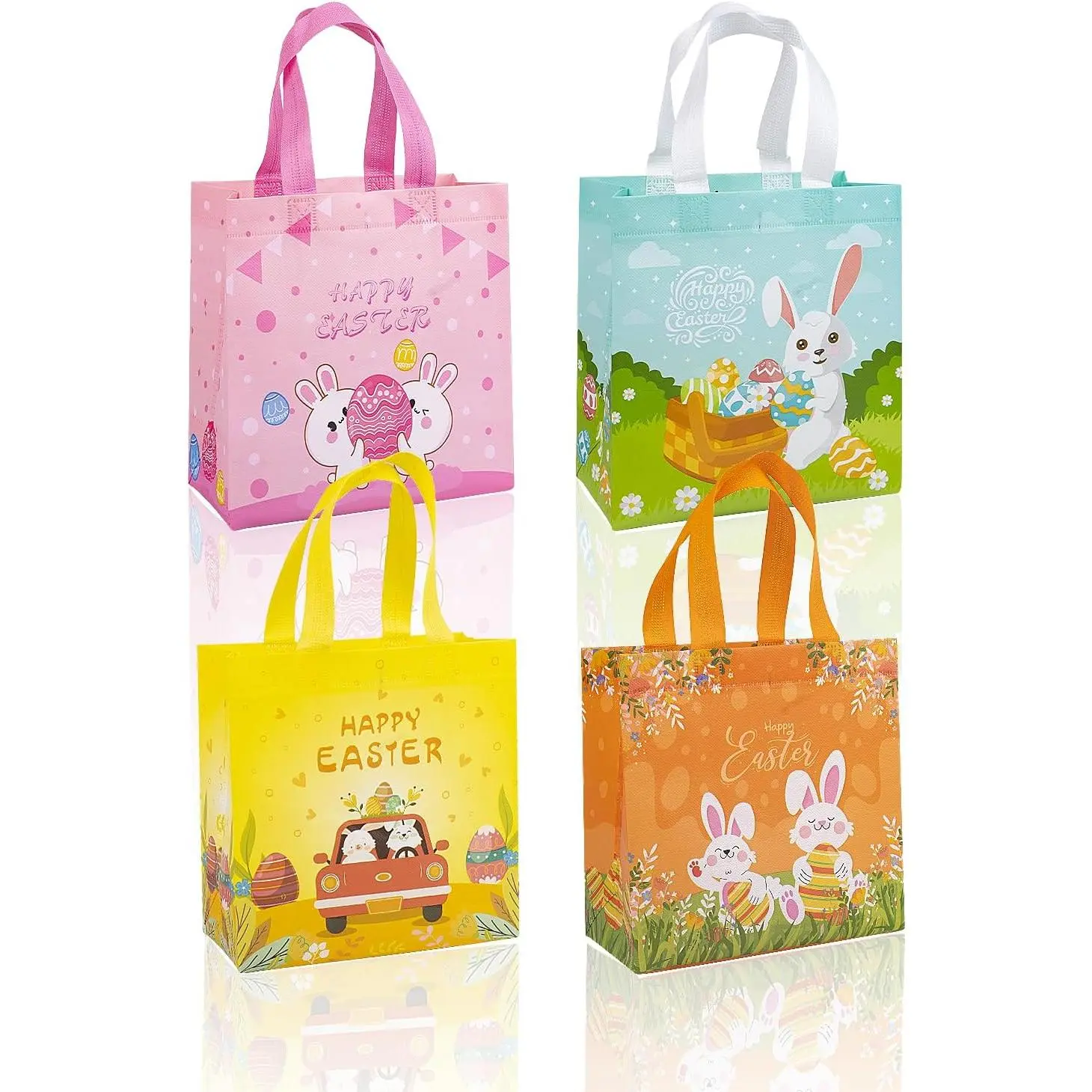 4Pack Happy Easter  Bags, Easter Non-woven Bags with Handle for ,  Goodie Bags,  Bunny  Bags, Party Supplies.