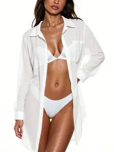 Women's Solid Color Shirt Beach Cover-Up, Sexy Vacation Bikini Outerwear, Summer Beach Pool Play, Casual Long Sleeve Top