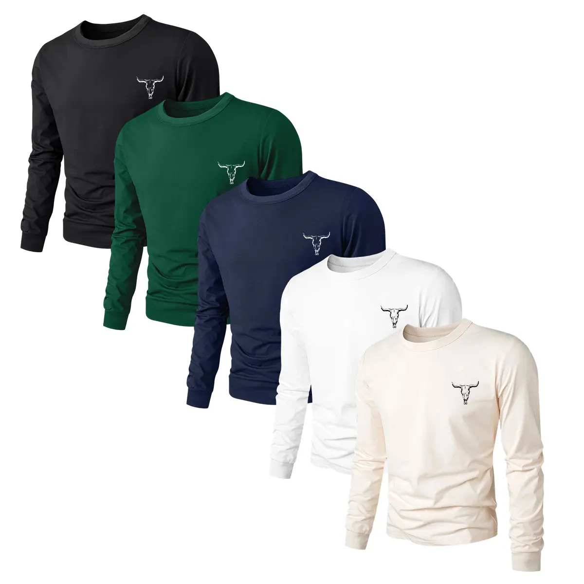 Men's 5-Piece Long-Sleeve T-Shirt Set - Slim Fit Crew Neck Tops with Minimal Western Bull Embroidery, Soft Stretch Fabric for Casual Layering, Round Neck, Father's Day Gifts, Streetwear, Tshirt, Long Sleeves, Softness