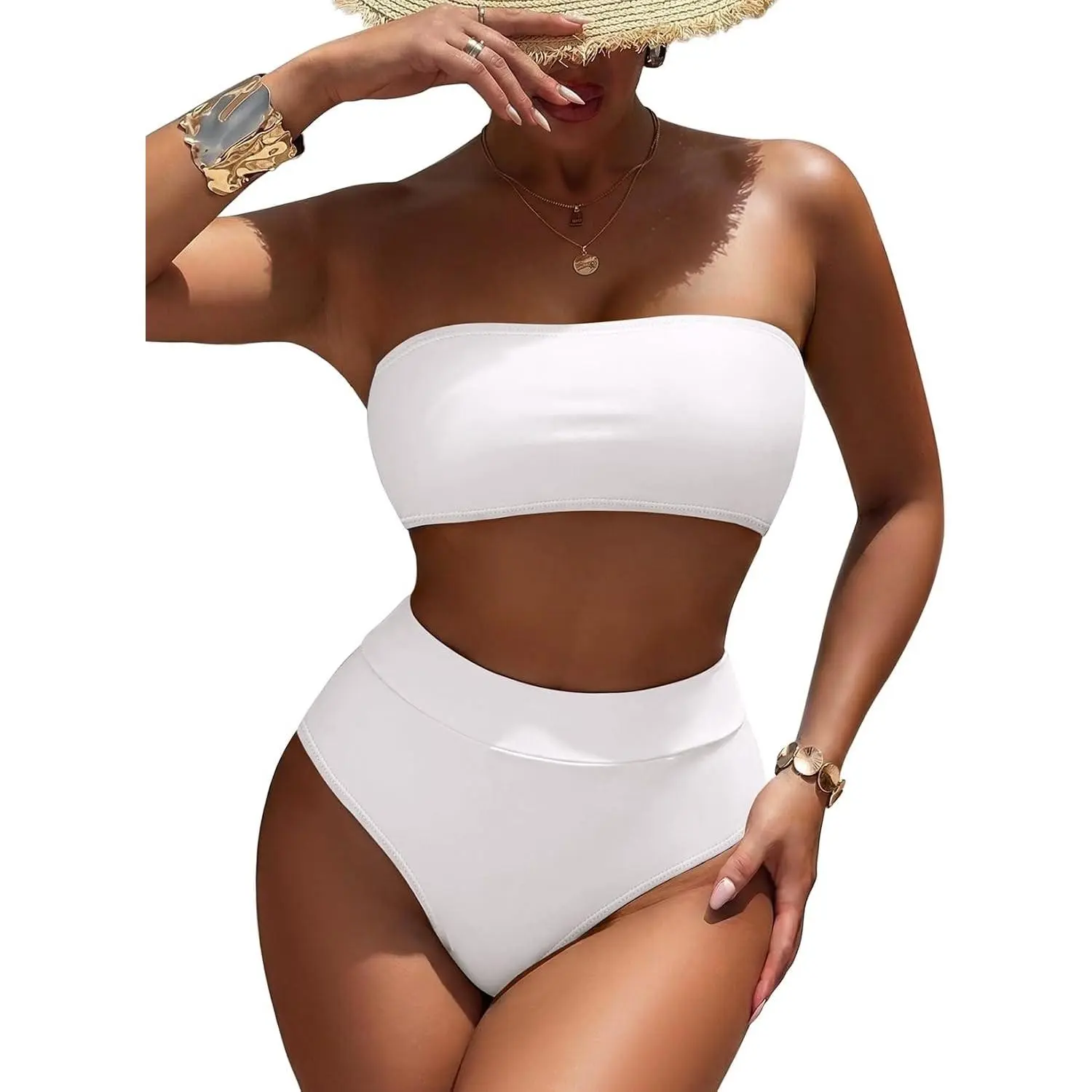 Women's High Waist Bikini Set Removable Strap Bandeau Two Piece Swimsuit Bathing Suit