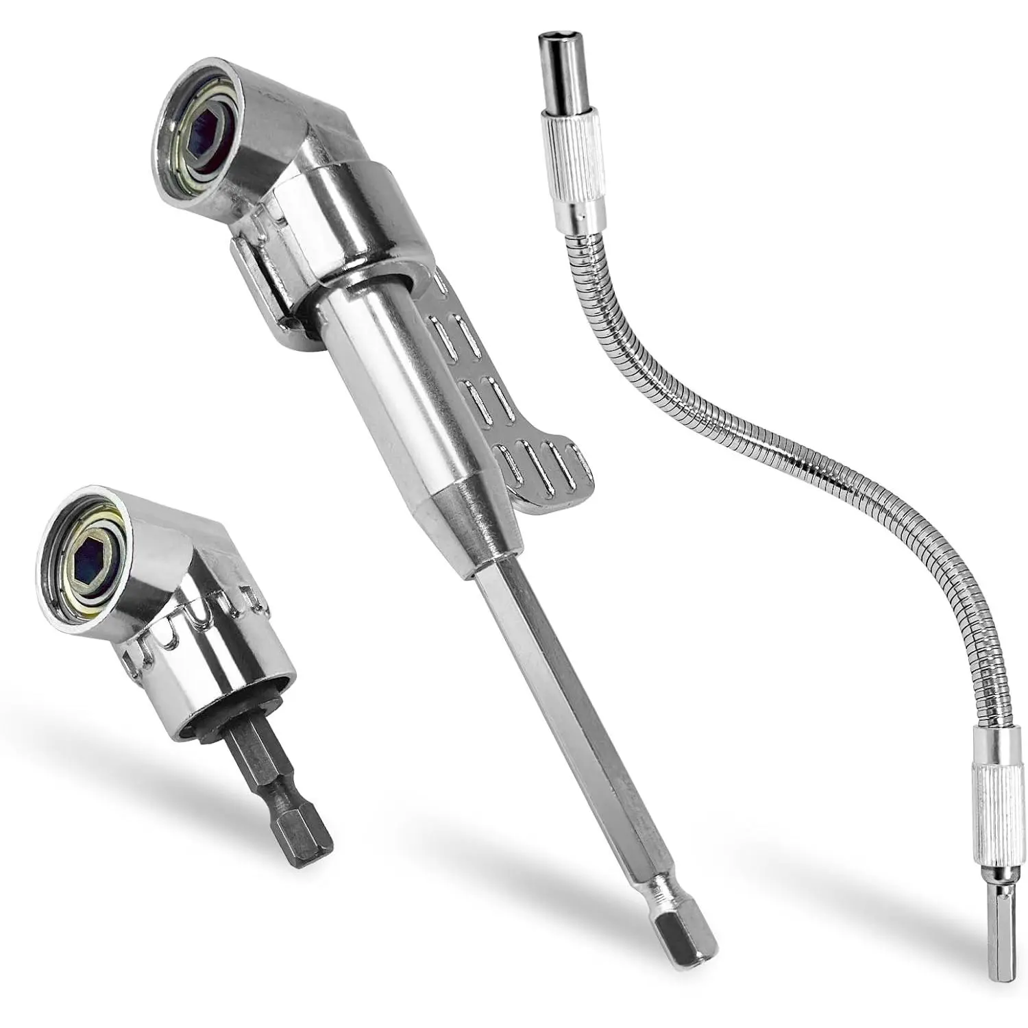 3-in-1 Right Angle Drill Attachment Kit – 105 Degree Right Angle Drill Adapter and 1/4" Hex Shank Flexible Drill Bit Extension for Impact Drivers, and Automotive Repairs in Tight Spaces