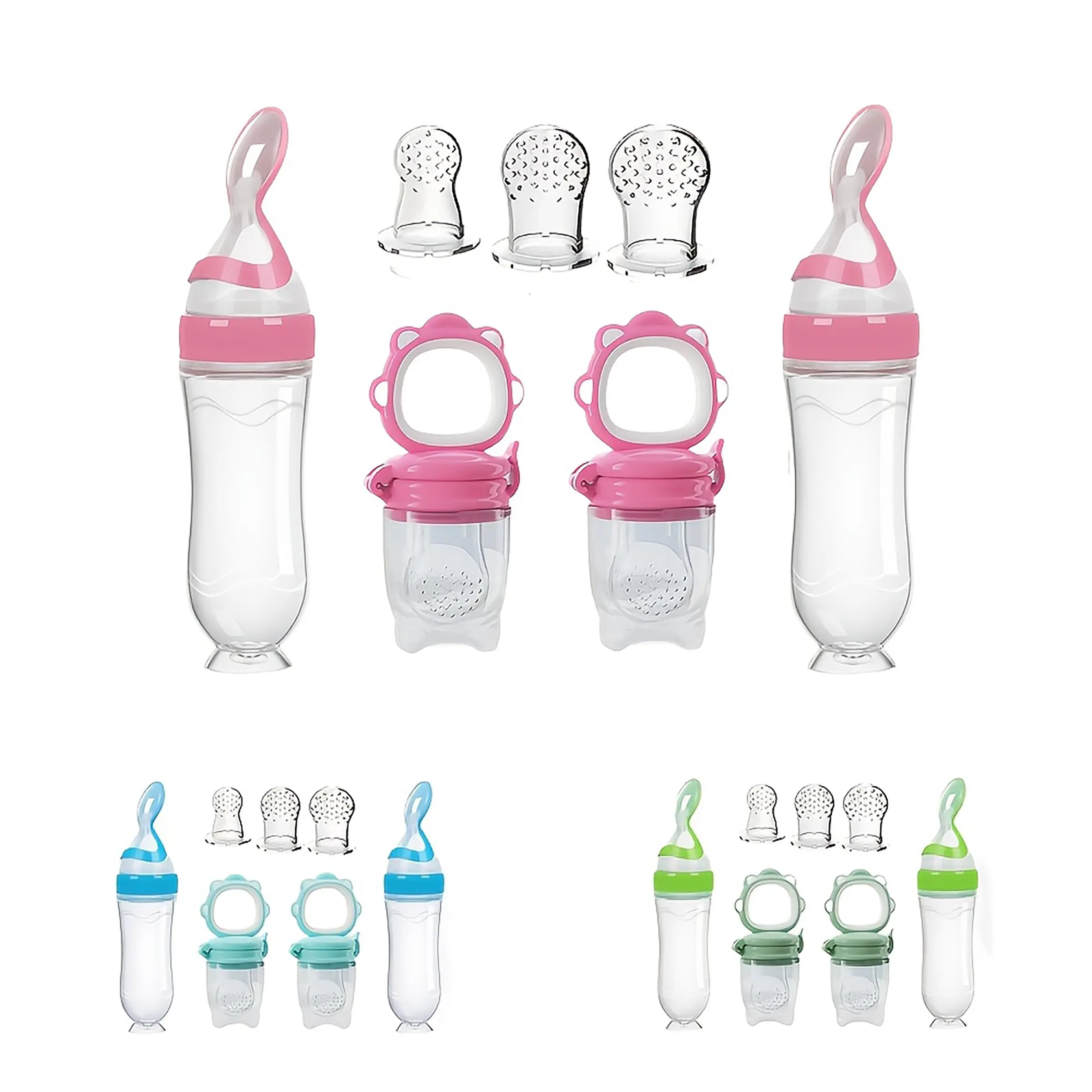 Baby Feeding Set, 7 Counts/set Including 2 Squeeze Silicone Baby Bottle & 2 Fruit Feeder & 3 Nipples, Kids Feeding Teething Set, Silicone Feeding Utensils