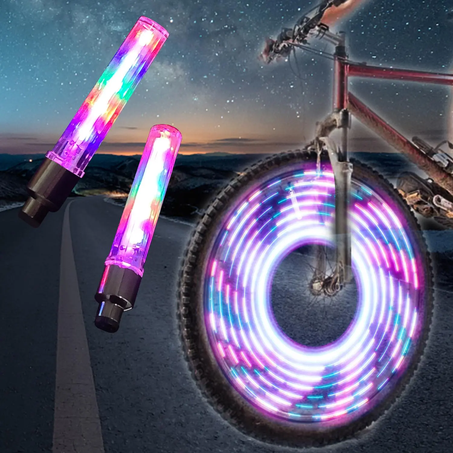 2-Pack Bicycle LED Wheel Lights, Waterproof 7-Mode Night Riding Safety Warning Lights, Tire Valve Stem Spoke Lights, Suitable for Bicycle, Motorcycle, and Car Night Use
