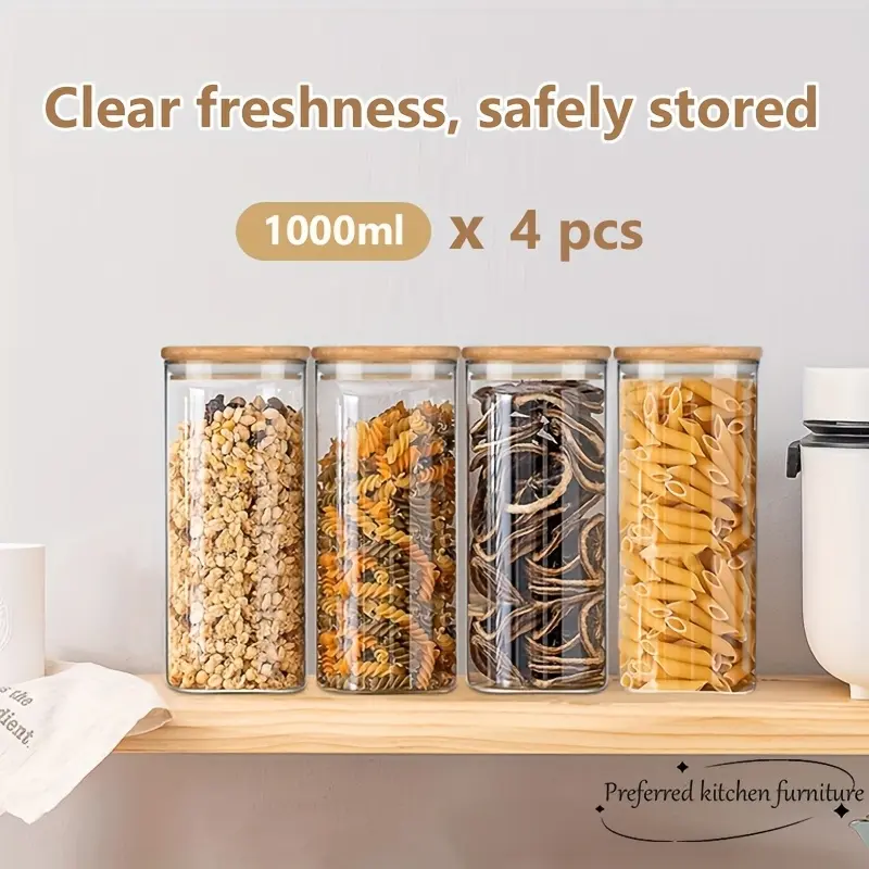 4-Piece Square Airtight Storage Jars, Transparent Borosilicate Glass Canisters. Great for cookies, dry goods, spices, snacks and food separation. Perfect for pasta, flour, rice, sugar, tea leaves and coffee beans, essential kitchen storage containers for