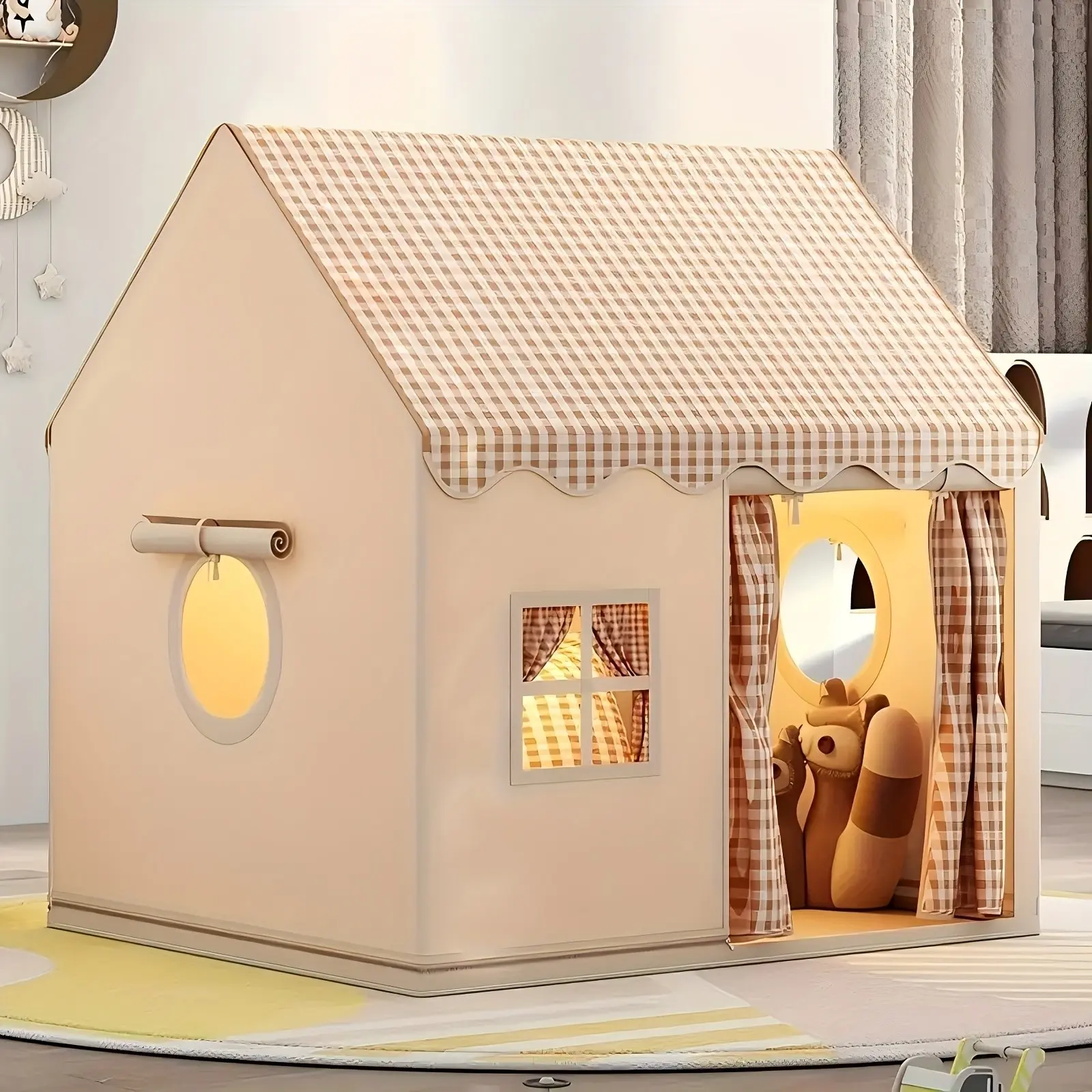 Cute Large Capacity House-Shaped Tent with Curtain Windows, Soft Breathable Indoor Tent, Bedroom Entertainment Decorative Item, Tent Playhouse, Game Tent