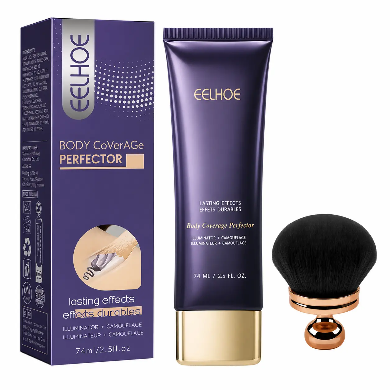 EELHOE Hyaluronic Body Coverage Perfector Concealer Cream with Brush Applicator, Cosmetic Foundation Makeup Product with Storage Feature