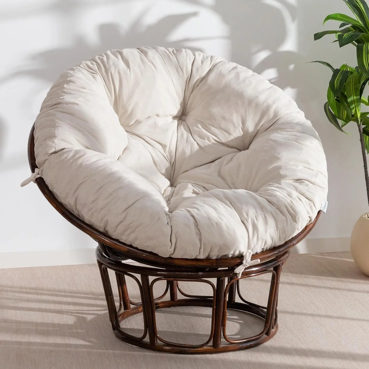 Papasan Chair Cushion with Chenille Cover (Without Chair), Soft Supportive 48x48 in Beige Cushion for Indoor Furniture Room Decor