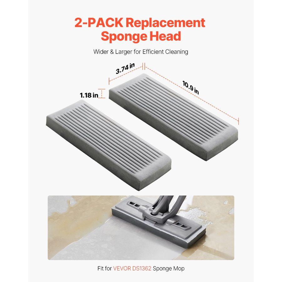 VEVOR Sponge Mop Replacement, 2-Piece, High Density Wider PU Sponge Mop Head Replacement with Hook Loop, High Absorbency Head Replacement for VEVOR DS1362 Sponge Mop, Fit for Various Floors