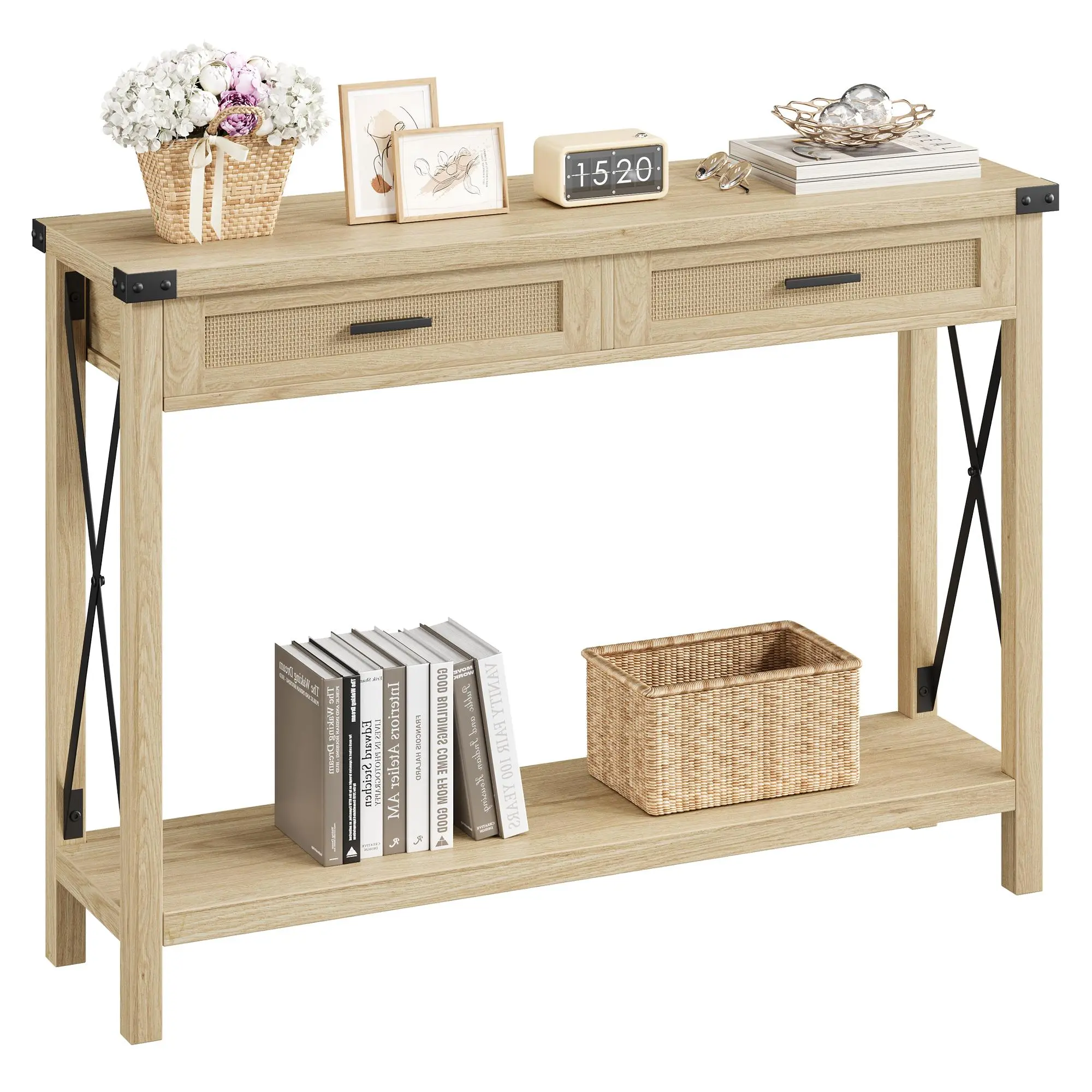 43" Farmhouse Modern Entryway Console Table with Rattan Drawers - Grey Large Wide Non-Scratch Retro Western Storage Table for Living Room, Hallway, Farmhouse Modern End Tables, Large Wide End Tables