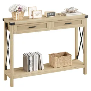 43" Farmhouse Entryway Table with Rattan Drawers - Grey Console Table with Storage for Living Room, Hallway & Foyer