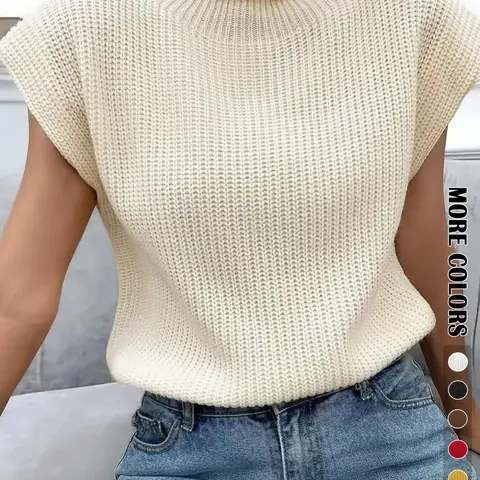 Women's Plain Basic Soft Roll Trim Mock Neck Sweater Vest, Casual Solid Sleeveless Knit Top for Spring & Fall, Women's Knitwear for Daily Wear