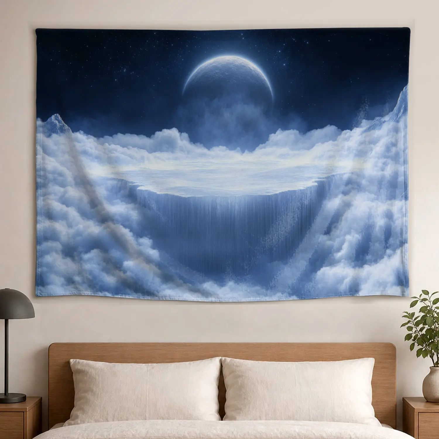 Large Horizontal Blue Moon Above Floating Cloud Waterfall Polyester Wall Tapestry - No Installation Required Decor Artwork, Decor Accessories for Bedroom, Holiday Home Aesthetic Gift for Loved Ones
