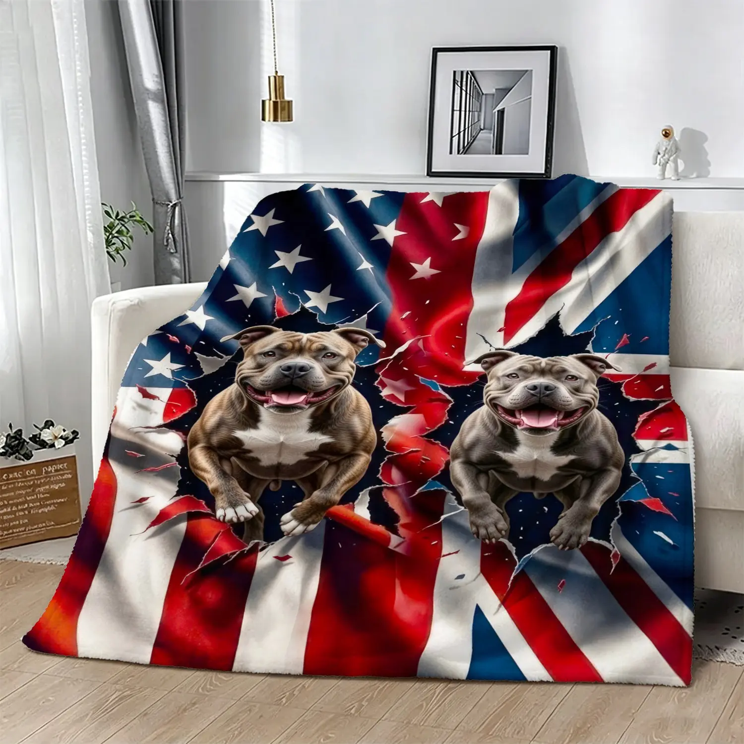 National Flag Pitbull Pattern Throw Blanket, Soft Flannel Decor Blanket, for Sofa, Bed, Couch, Cool Pet Themed Bedroom Decor & Gift for Pitbull Dog Lovers
