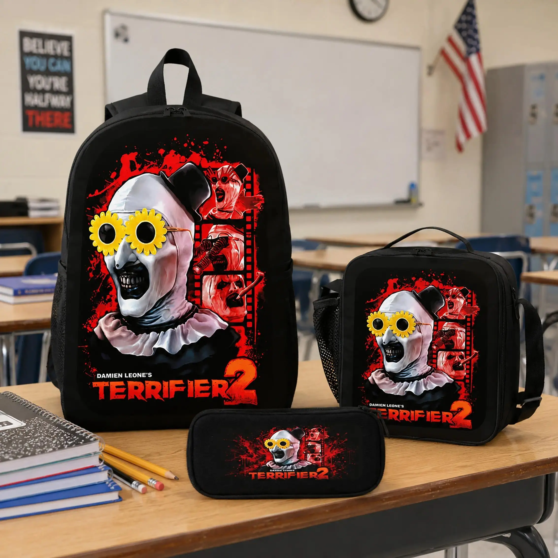 Terrifier Horror Backpack Set Durable Polyester 3 Piece School Bookbag Lunch Bag Pencil Case Lightweight Large Capacity Travel Daypack Back To School Supplies Scary Clown Graphic Bag For Boys Girls Teens Students
