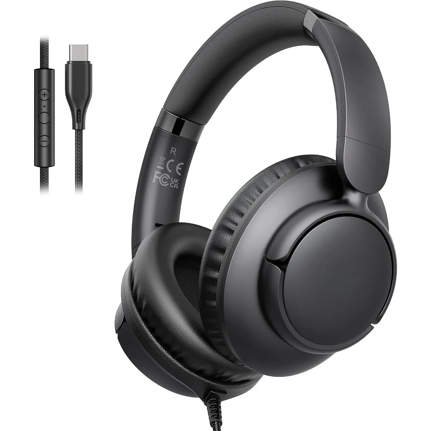 Wired USB C Headphone with Microphone, Over Ear Foldable Type C Corded Headphones with 4.9ft -Free Cord for Tablet Laptop School Airplane Travel, Black