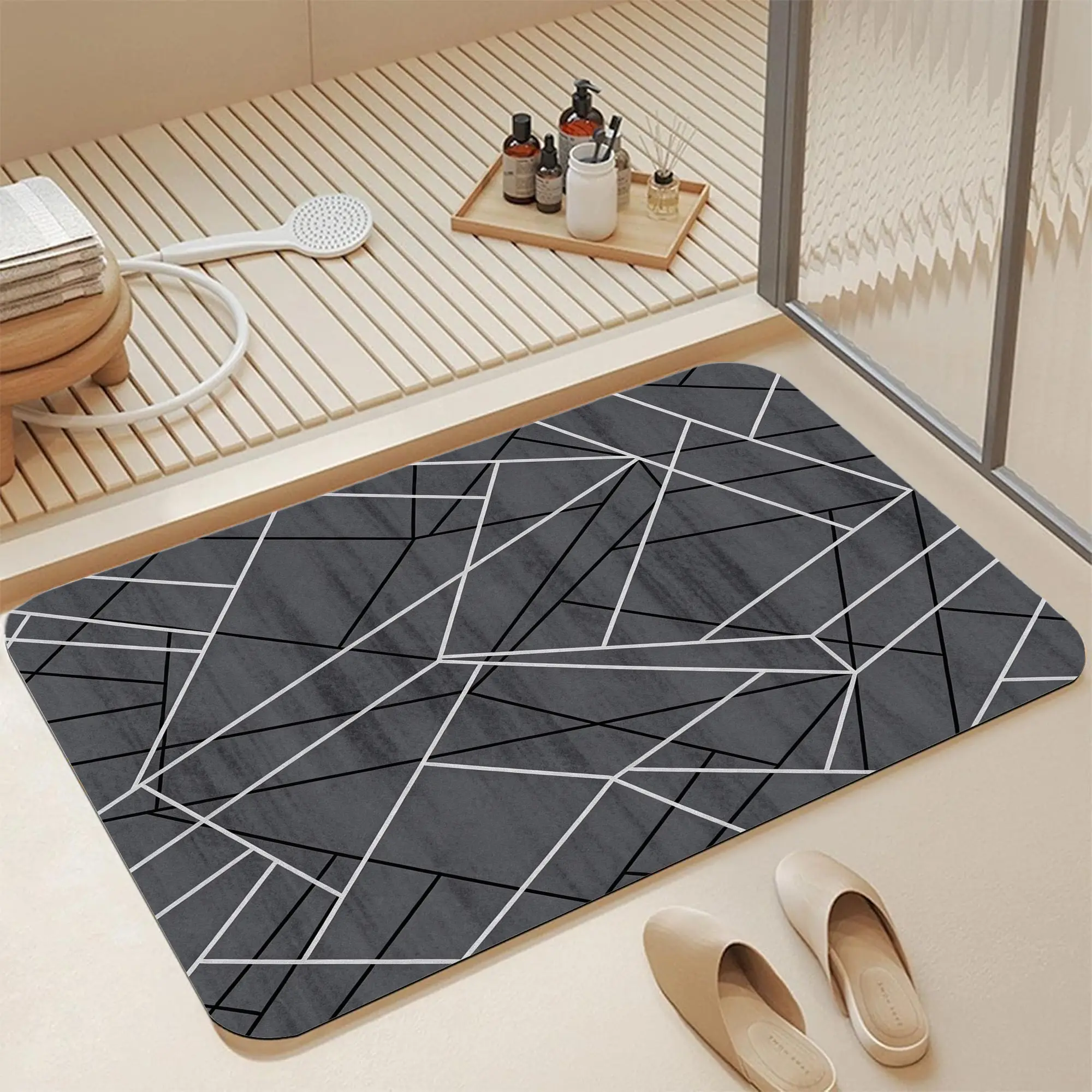 16*24 Inch Soft Teal Ink-Wash Poppy Watercolor Diatomite Bath Mat, Fast Water Absorbent Non-Slip Quick Dry Bathroom Rug, Pale Grey Base Indigo Accent Loose Wispy Stem Floral Motifs, Stain Resistant Washable Grandmillenial Japandi Coastal Shower Mat