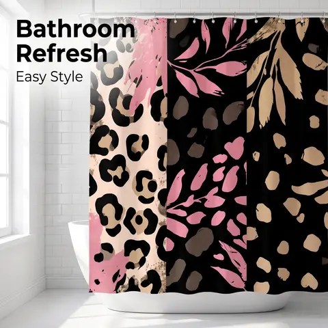 Bold Animal-Print Shower Curtain with Abstract Leaves and Leopard Spots, Chic Black, Beige, Pink and Gold-Tone Design for Modern Bathroom Decor