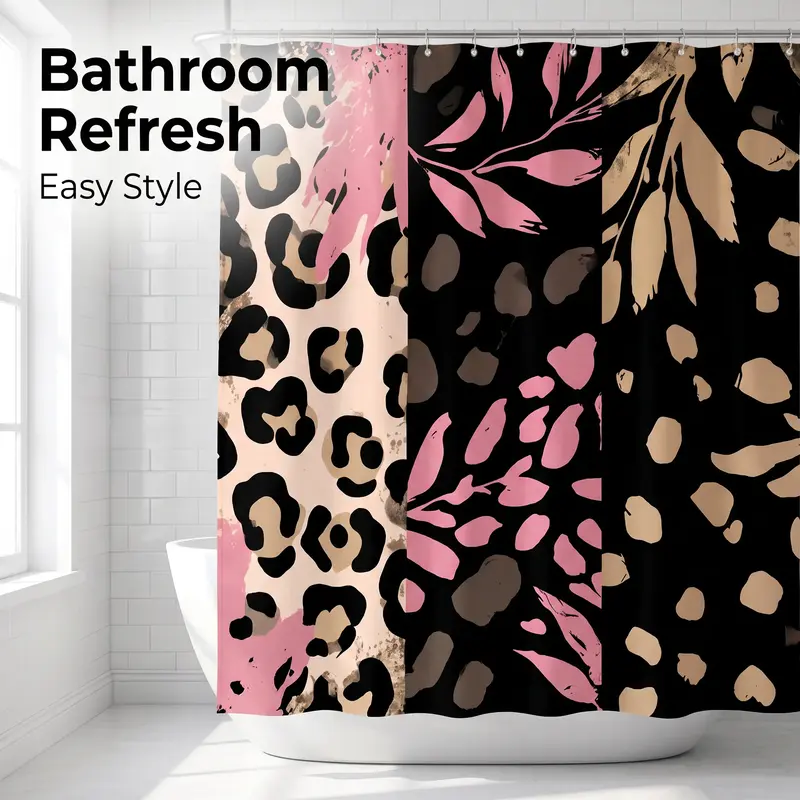 Bold Animal-Print Shower Curtain with Abstract Leaves and Leopard Spots, Chic Black, Beige, Pink and Gold-Tone Design for Modern Bathroom Decor