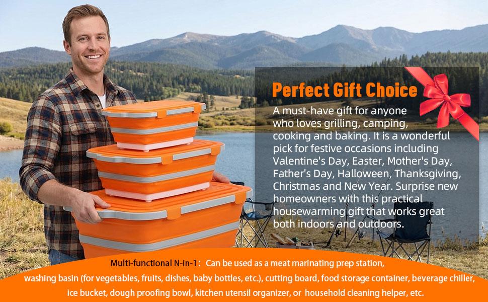 16L Collapsible BBQ Prep Tub with Locking Lid Cutting Board for Marinating Food Storage - Portable Wash Basin for Kitchen Camping Sink - Gift for Men Women for Household Baking Grill Picnic Tailgate