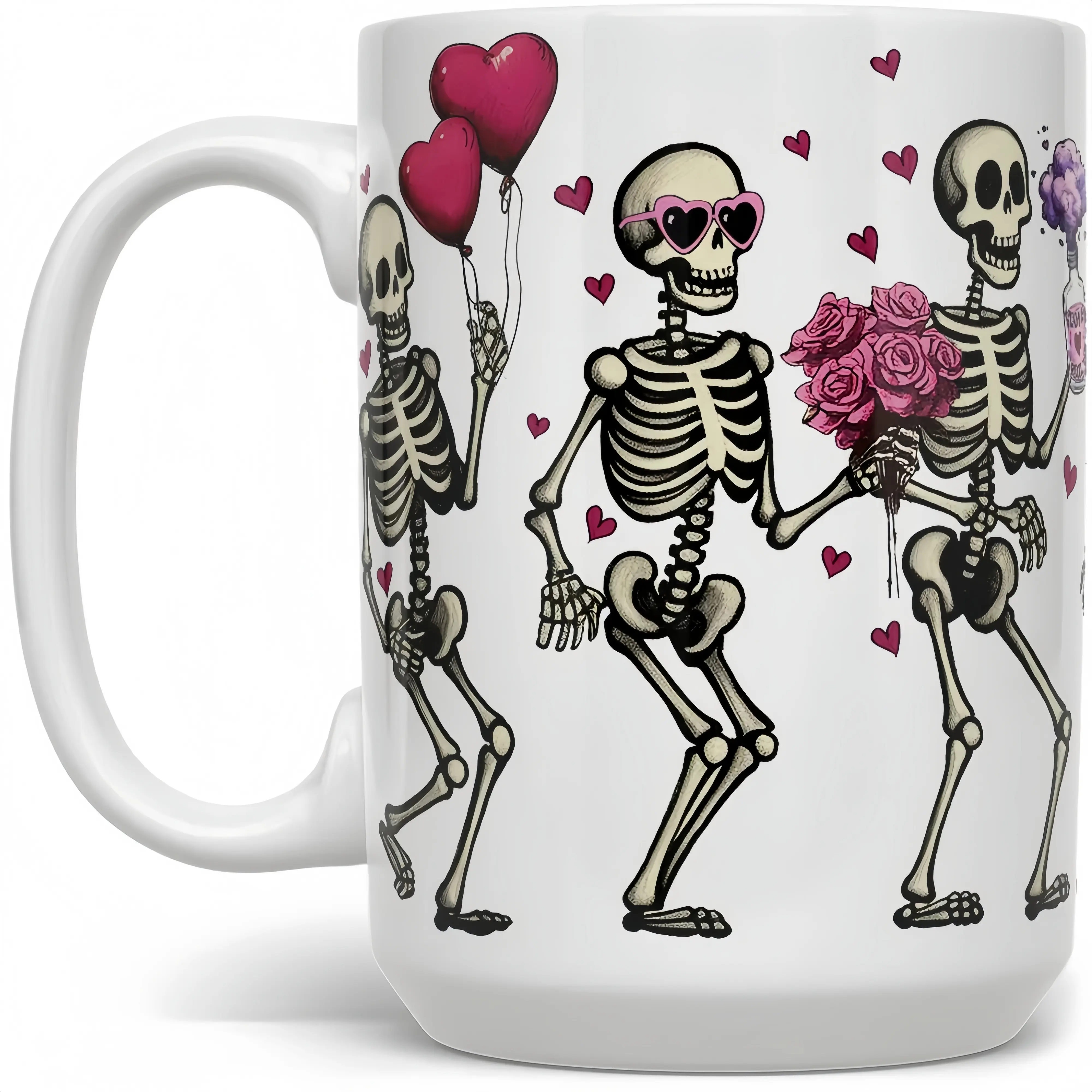 Dancing Skeletons Love Heart Glossy Ceramic Coffee Mug - Valentine Rose Printed Colorful White Beverage Cup, Reusable Gothic Romance Gift for Friends, 11oz/15oz Drinkware, Sturdy