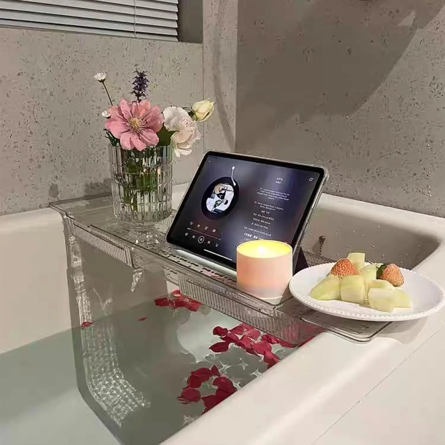Expandable Bath Tray with Wine and Book Holder - Clear Acrylic Bathtub Caddy Shelf - Perfect Gift for Women