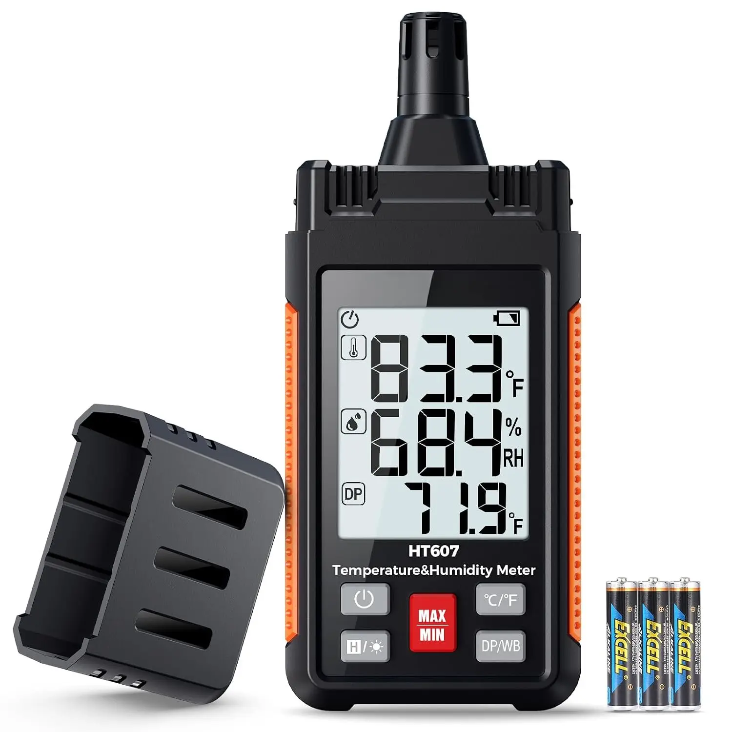 HT607 Temperature Humidity Meter  Digital Hygrometer with Ambient, Relative Humidity, Dew Point, Wet Bulb Thermometer, Min/Max Hold, LCD Backlight with Cover Protector