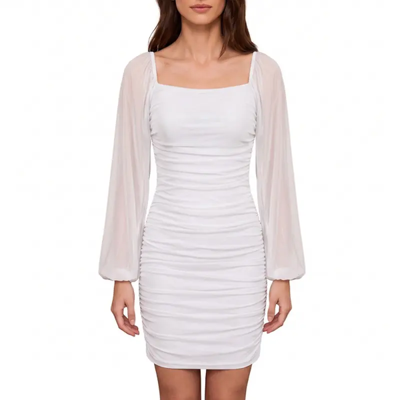 Women's Nylon Pleated Formal Dress - Square Neck, Long Puff Sleeves, Long Sleeve Garment for Weddings, Anniversary Events, Cocktail