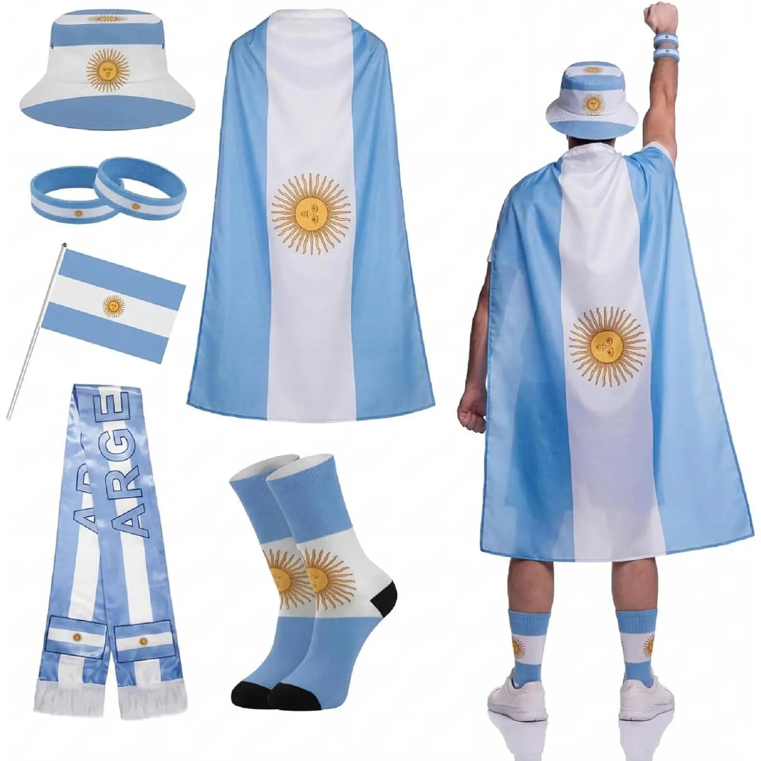 2026 Soccer Fan Support Kit 3x5 ft Soccer Country Flag with Patriotic Country Cape Socks Scarf Hat Wristbands Hand Wave Flag for  Party Fans Cheering Accessories