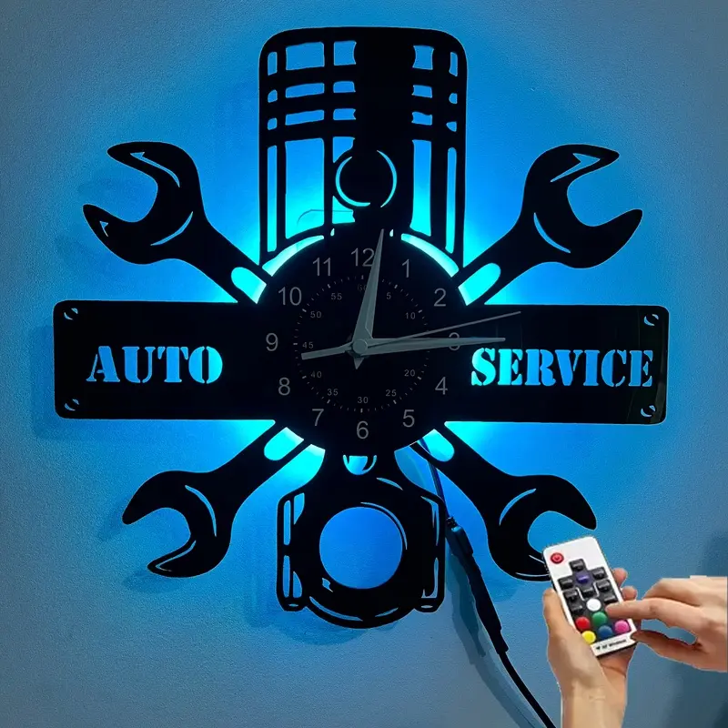 LED Vinyl Wall Clock Auto Service Mechanic Themed Wall Clock With Wrench Piston Engine Pattern LED Backlit Silent Wall Decor For Garage Workshop Man Cave Perfect Christmas Gift For Auto Mechanics Car Repair Lovers Automobile Enthusiasts