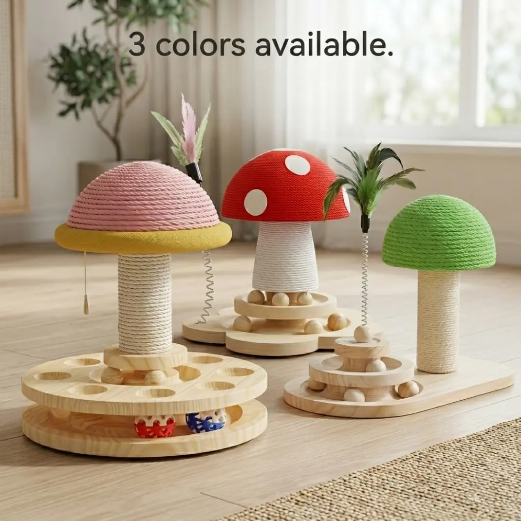 small 7.8in*11in Red Mushroom-Shaped Cat Scratching Post with Sisal Scratching Pad & Green Pom-Pom Base - 3-in-1 Space-Saving Cat ，Ideal for little kittens to release their energy.