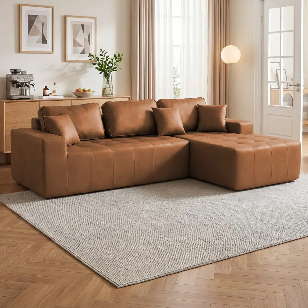 Modern No-Assembly Faux Leather L-Shaped Sectional Sofa Bed with Chaise, High-Density Sponge Convertible Bed, Compression Corner Couch for Living Room, Apartment