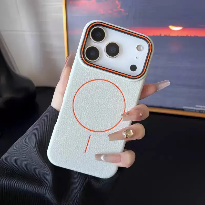 Minimalist Light Blue Lychee Grain TPU Plastic Faux Leather Protective Smartphone Case for iPhone 11/12/13/14/15/16/17 Air/Pro Max - Magnetic Wireless Charging, Shockproof, Contrast Orange Trim, Slim Luxury Mobile Phone Accessory