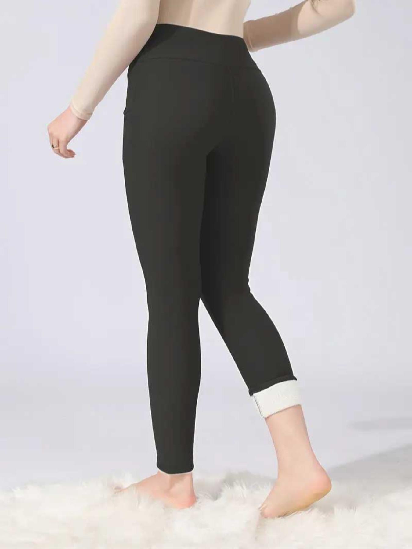 Women's Fall Winter High Waist Fleece Lined Leggings, Skinny Yoga Bottoms, Sporty Tight-Fitting Yoga Pants with Pockets, Warm Thick Woven Fabric