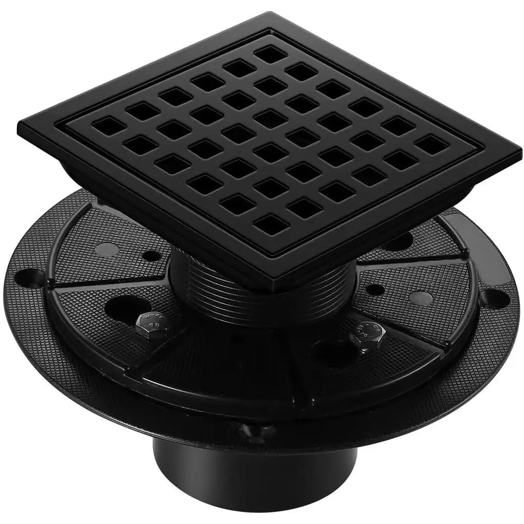 SUS 304 Stainless Steel 4-Inch Matte Black Square Shower Floor Drain with Flange, Removable Grid Panel for Bathroom Use