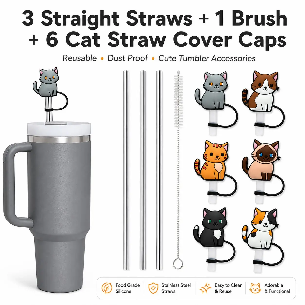 Cat Straw Cover Caps Set, 3 Stainless Steel Straws, 1 Cleaning Brush, 6 Silicone Toppers, Reusable Dust Proof for 30oz 40oz Travel Cups