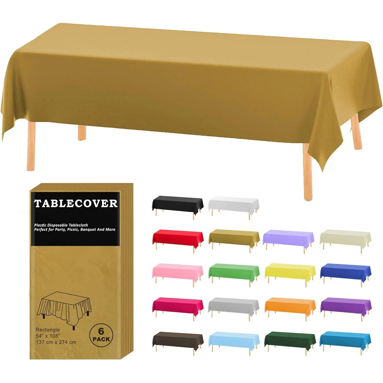 Plastic Table Cloth Disposable, 6 Pack  Rectangle Tablecloth Individually Wrapped for Indoor&Outdoor, 54 x 108 Inch Table Cover for Party, Picnic, Birthday, Wedding & Dinner