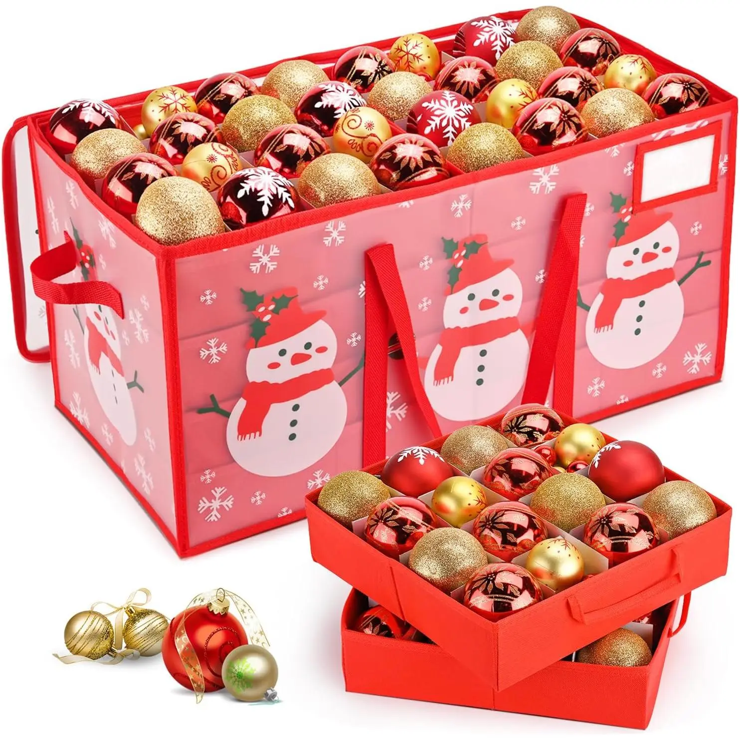 Plastic Christmas Ornament Storage Box with Adjustable Dividers, Waterproof Christmas Storage Containers 128 Capacity, Dual Zippers, Ornament Organizer for Holiday Decor Snowman