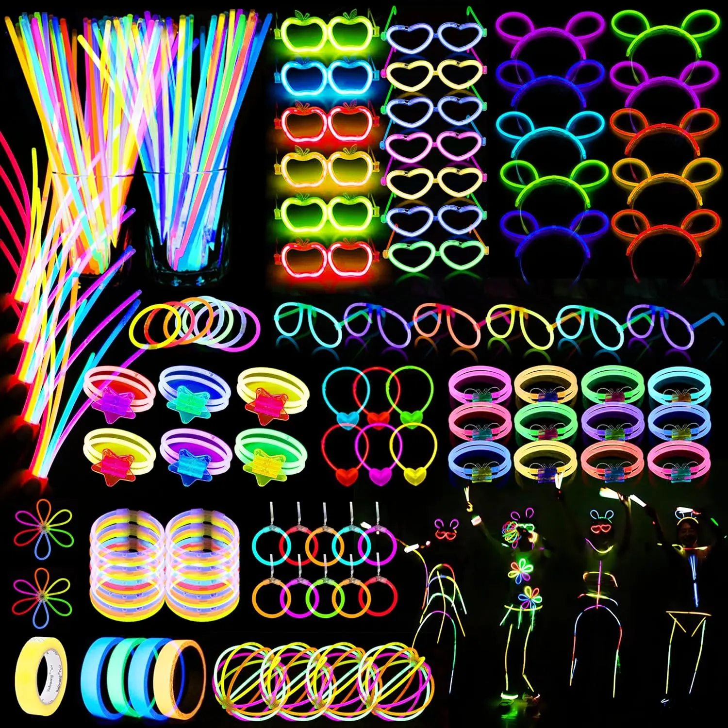 470psc Glow in the Dark Party Supplies for Adults Birthdays,Light Up Party Favors with 200 Glow Sticks Bulk,DIY Glow Necklaces Glasses Bracelets Headband, Christmas Neon Party Suppliesfidget toys