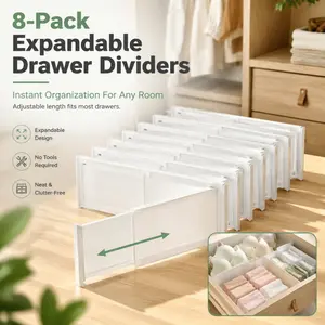 8-Pack Expandable Drawer Dividers - Adjustable, No-Tool Installation Organizers for Dressers, Kitchens, and Bathrooms, Keep Drawers Neat & Clutter-Free