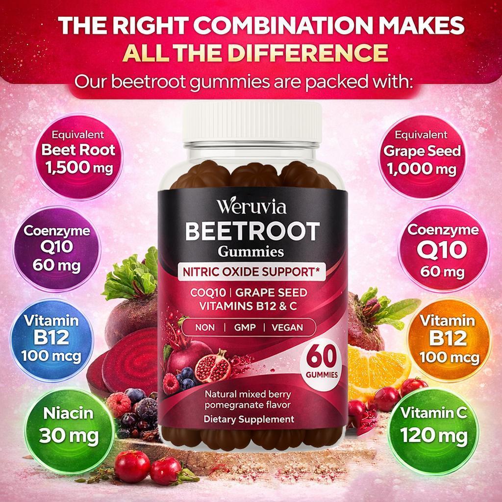 Beetroot Gummies — A Beetroot Supplement Enriched with CoQ10, Grape Seed Extract, Vitamin C, B12, and B3 — Nitric Oxide Gummies to Promote Blood Circulation — A Beetroot Product for Energy Support and Immune Boosting