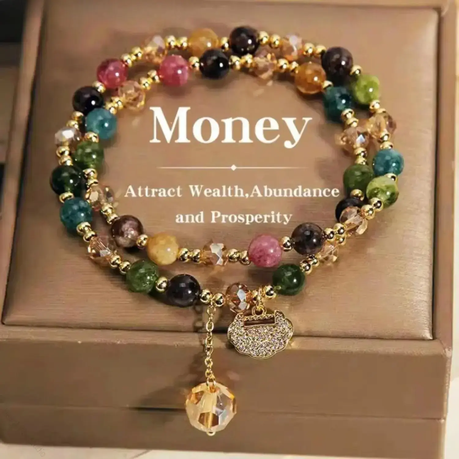 Women's Double-Layer Rainbow Tourmaline Beaded Bracelet, Natural Stone Boho Bag Charm Accessory with Rainbow Hues