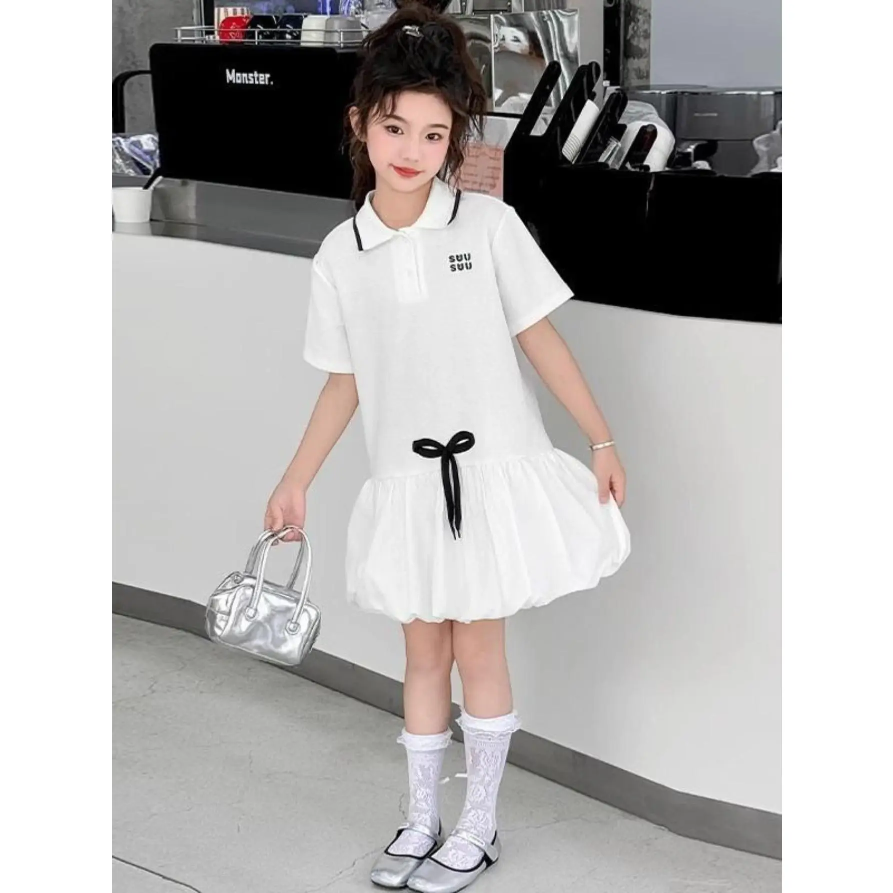 Girls' 2026 Summer Preppy Polo Princess Dress - Short Sleeve, Cotton Blend, Casual Wear, Knee-High Hem, Loose Cut Outfit for Older Kids