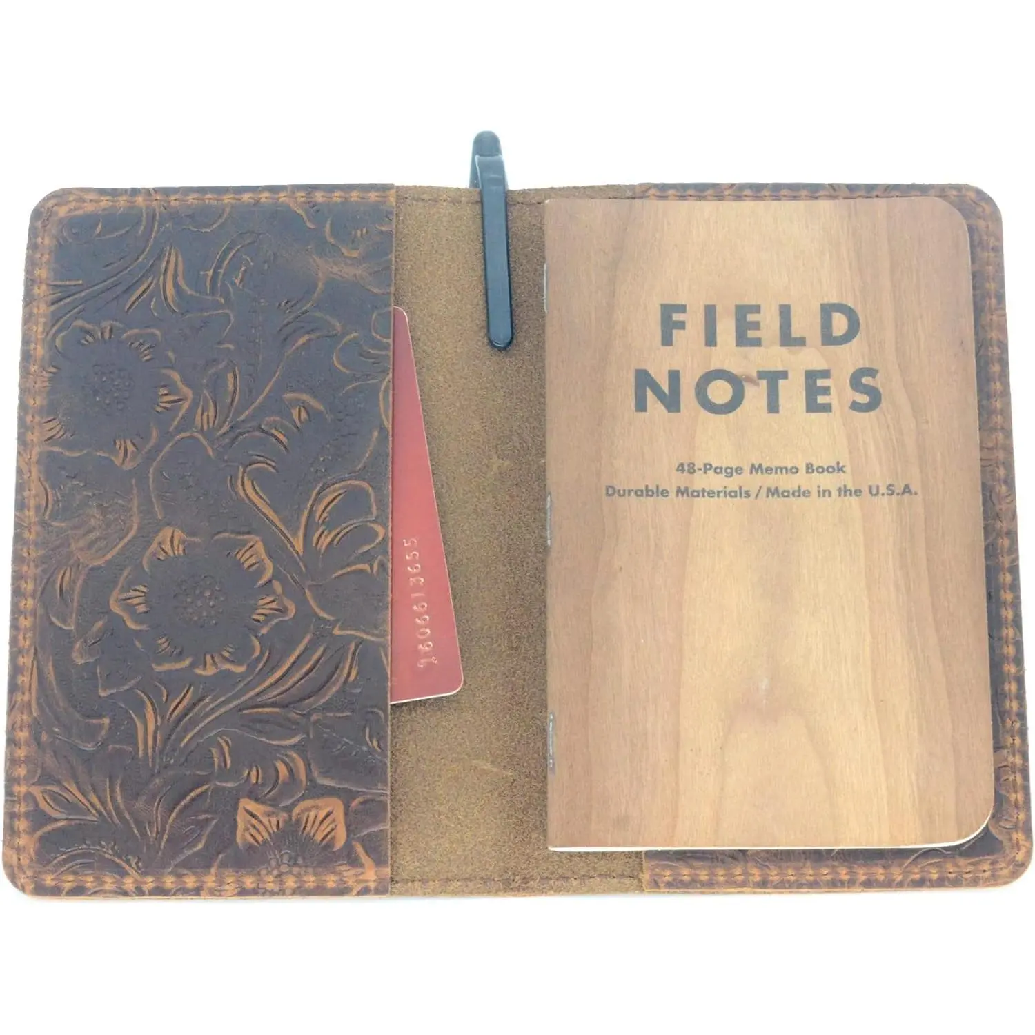 Distressed Leather Checkbook Journal Cover for Field Notes Moleskine Cahier Notebook Pocket size 3.5" X 5.5"  Refillable Notepad Flower Brown