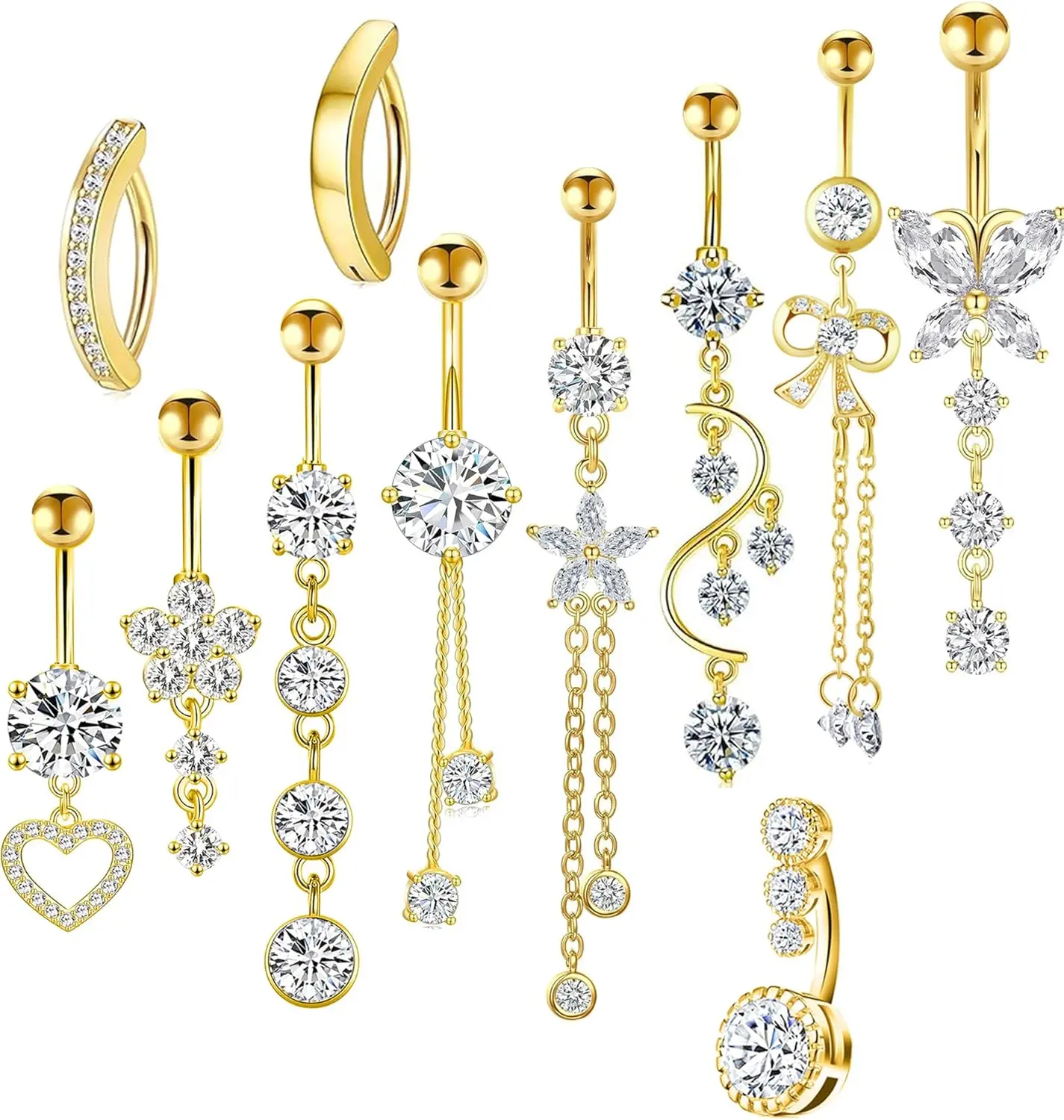 TIANCI FBYJS 14G Women Belly Button Rings Surgical Stainless Steel Dangle Belly Rings 10mm Belly Bar Body Piercing Navel Jewelry Butterfly Heart Flower Dangling Silver Gold Belly Piercings 11pcs