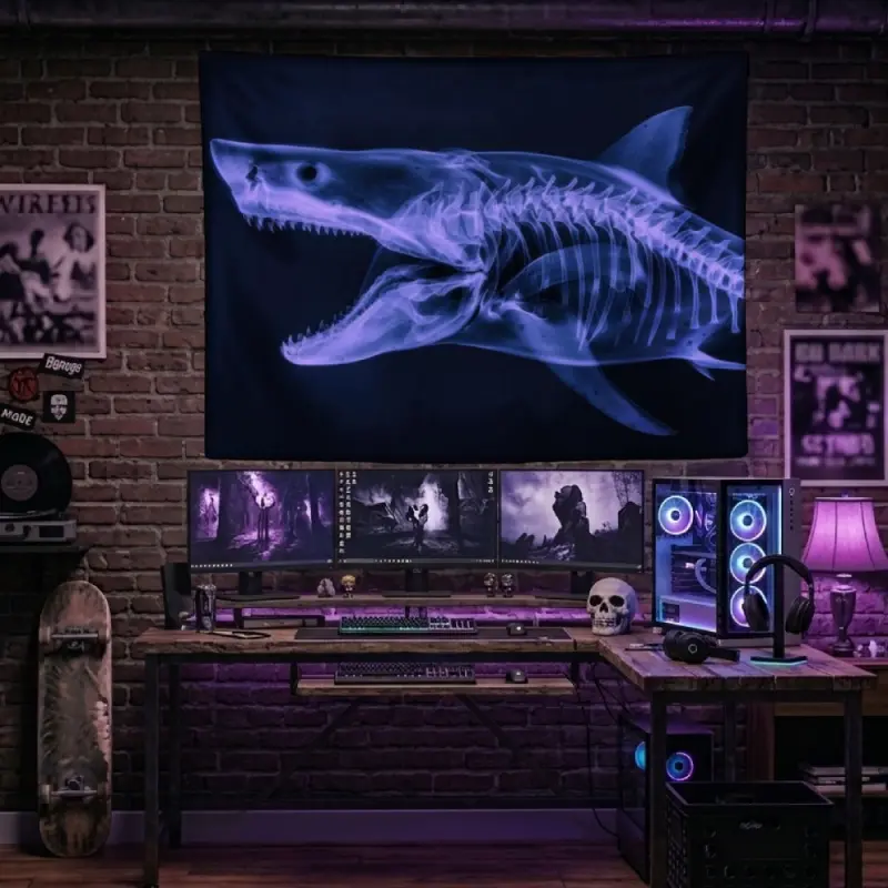 Gothic X-Ray Shark Skeleton Tapestry Marine Ocean Animal Blueprint Graphic Wall Hanging Minimalist Dark Indie Grunge Boy Cave Bedroom Gaming Room Decor Banner