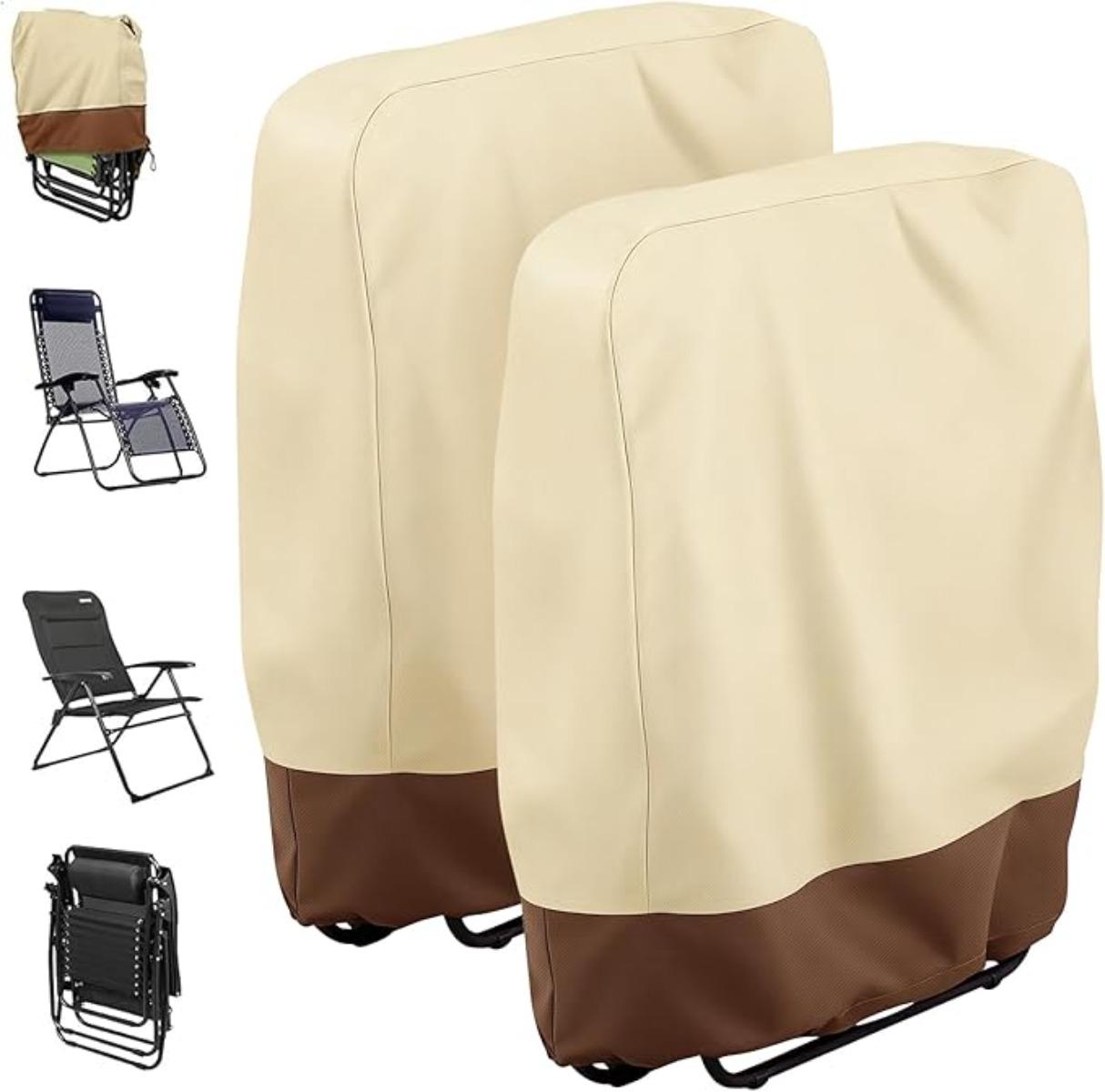 2 Pack Zero Gravity Folding Chair Cover 420D Outdoor Folding Recliner Chair Covers Waterproof Patio Lawn Furniture Protector 32" x 37" Beige