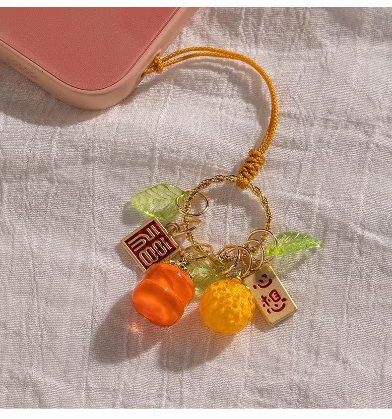 Chinese Good-luck Sayings Style Phone Charm Strap Cute Orange Persimmon Phone Rope Pendant Keychain for IPhone 16