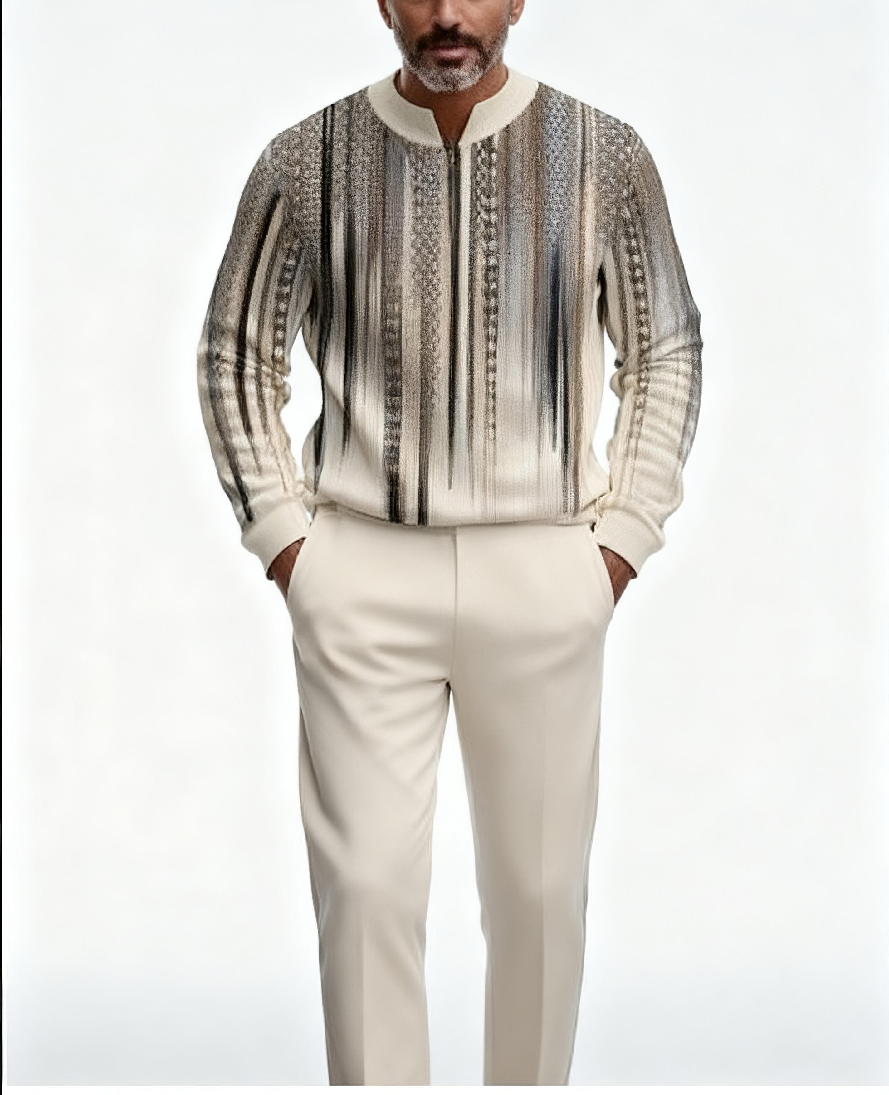 Business casual fashion men's digital printed sportswear set, featuring a street-style patterned digital half-zip sweater + pants, a two-piece men's outfit