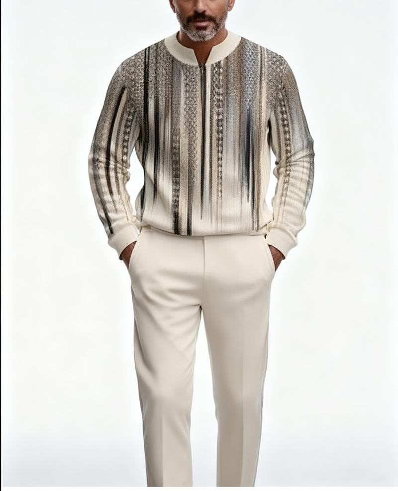 "New European and American men's sportswear set, featuring a half-zipper top paired with matching pants, and a trendy design with a sleeve patch featuring the number 5. The fabric is comfortable, suitable for daily street wear, casual commuting, and effor